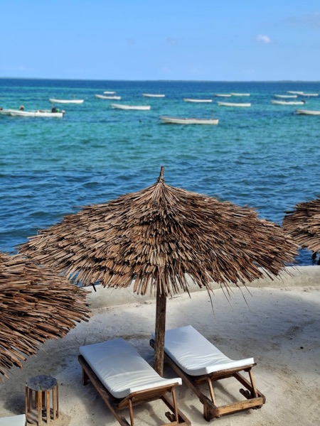 Thatched umbrella and sunbeds on the private beach
